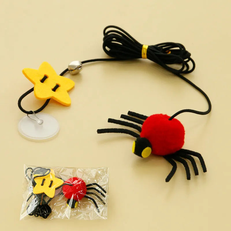 Hanging door cat toy with elastic rope and feather stick in red or yellow colour options