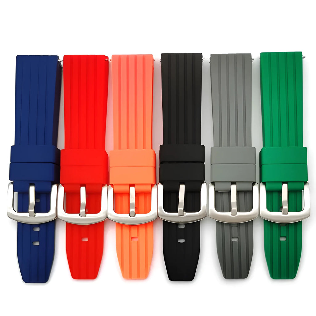 Vertical stripe tire pattern silicone watch strap in black, 22mm width, on a white background