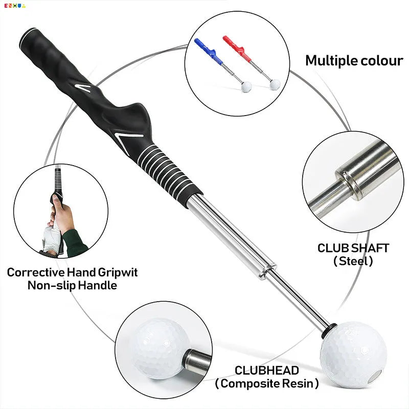 A telescopic golf swing simulator made of stainless steel, shown in black, blue, and red colour options.