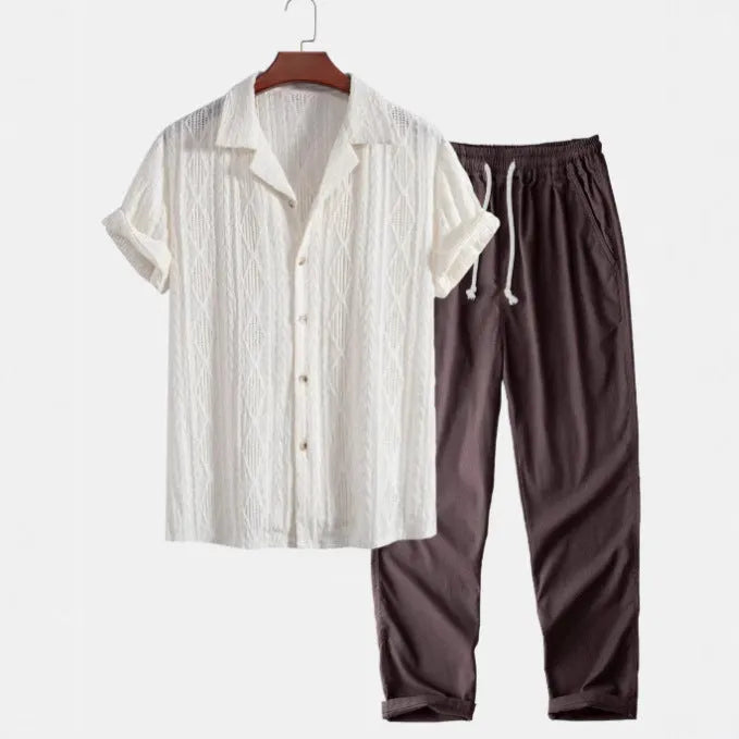 Men's slim fit camouflage print short-sleeve shirt and trousers casual suit set