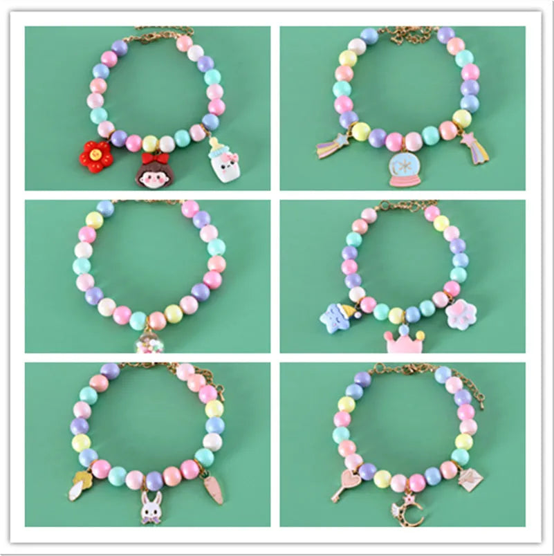 Macaron-coloured resin pet collar with moon charm and matching adjustable bracelet for cats or small dogs.