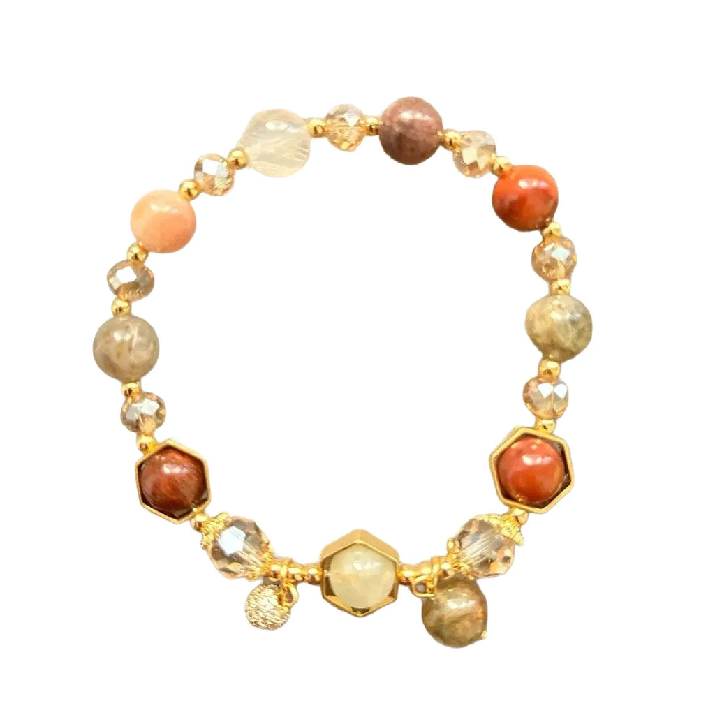 Gold colour citrine crystal bracelet with 8mm beads featuring Chinese auspicious symbols including Ruyi and Fu character