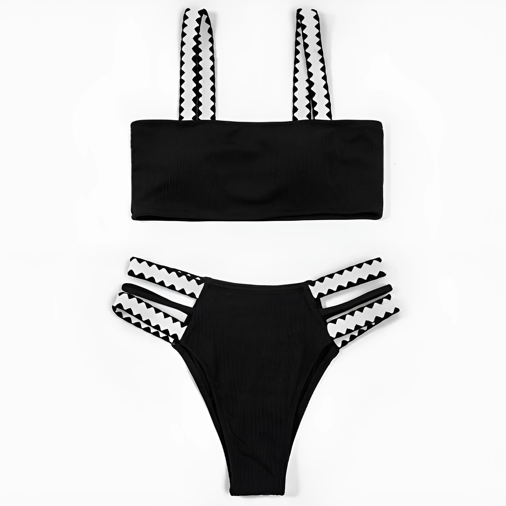 Black women's bikini swimsuit with a hollowed-out split design and brief style.