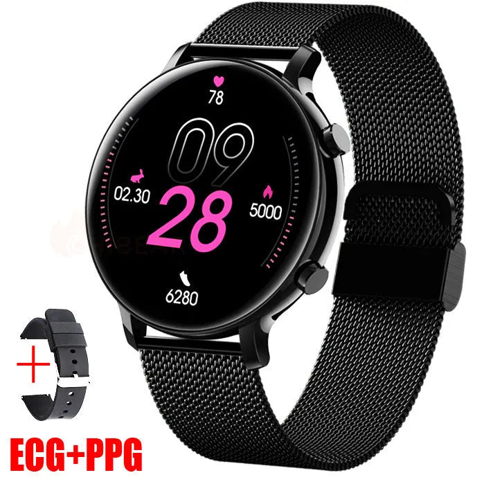 Black Bluetooth smartwatch with stainless steel strap showing call and heart rate monitoring functions on screen.