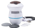 Beige and white electric foot file grinder with USB cable, two grinding heads, and cleaning brush