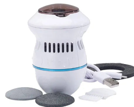 Beige and white electric foot file grinder with USB cable, two grinding heads, and cleaning brush