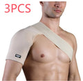 Adjustable skin-coloured sports shoulder support strap shown on a model for weightlifting and running.