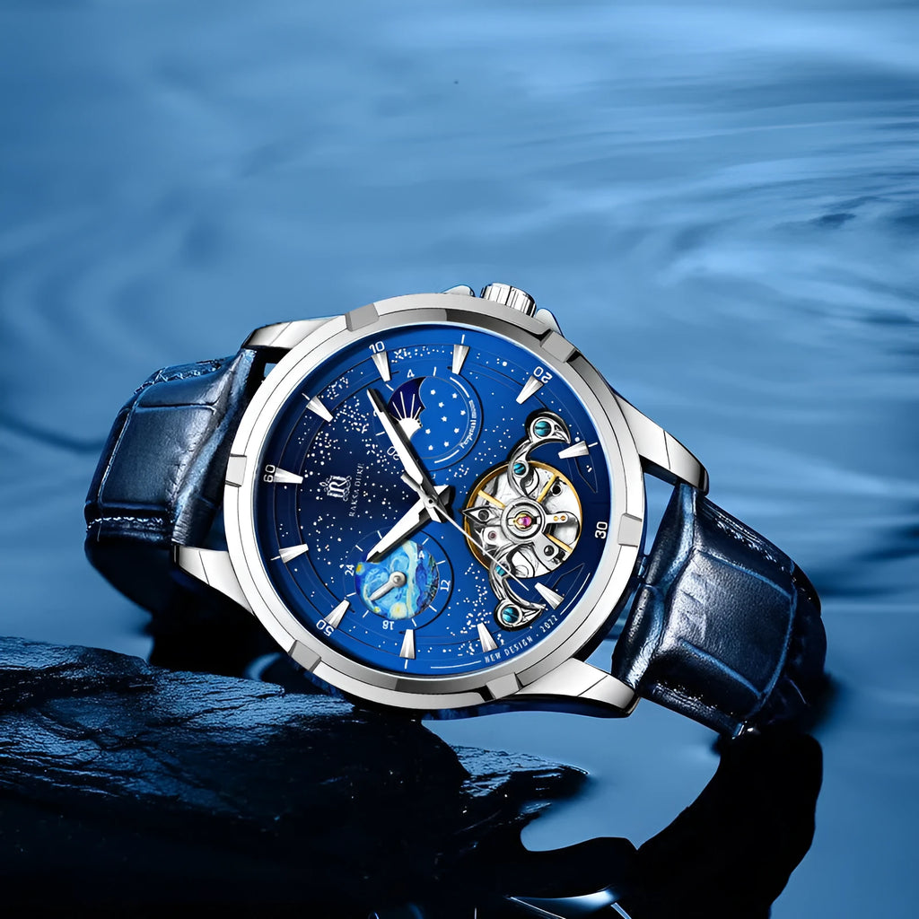 Men's blue automatic mechanical wristwatch with day-date window on stainless steel case.