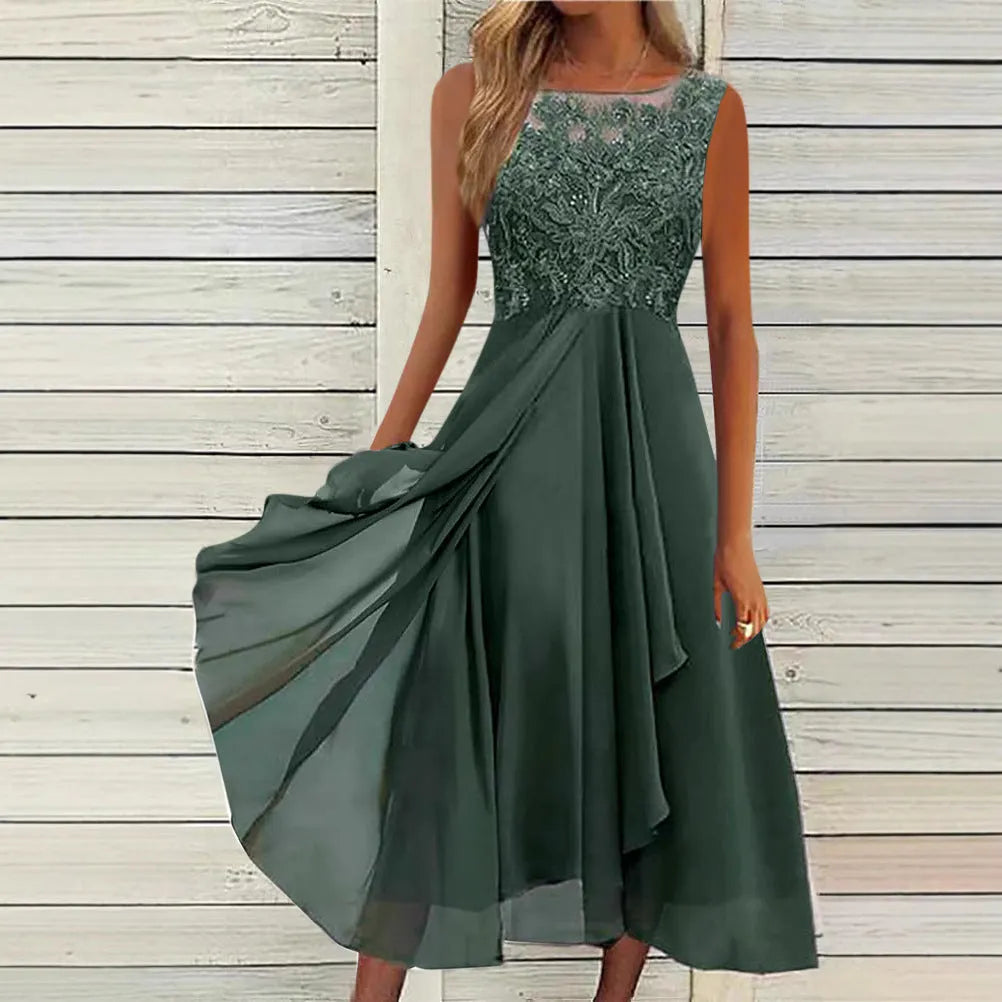 Women's sleeveless green chiffon dress with lace hollow-out detail on a mid-length skirt.