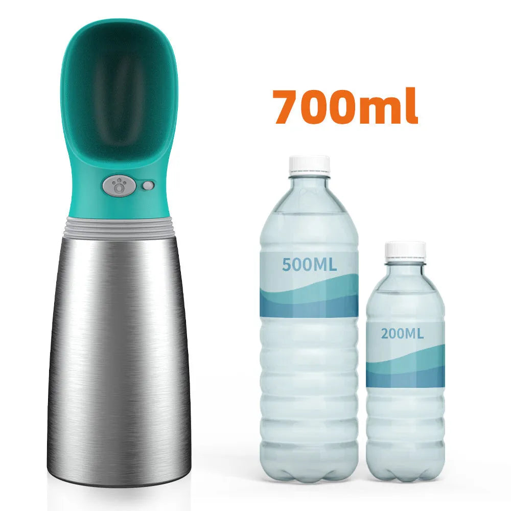 Blue 700ml stainless steel portable dog water bottle with built-in bowl and silicone drinking cup
