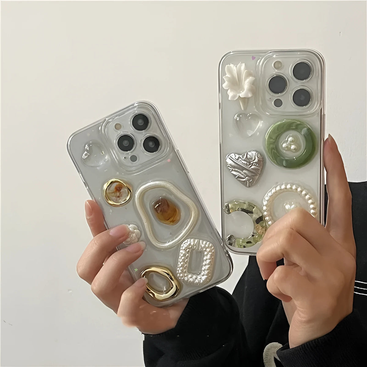 Retro special-shaped gem epoxy phone case in emerald green for iPhone, showing drop-resistant protective cover