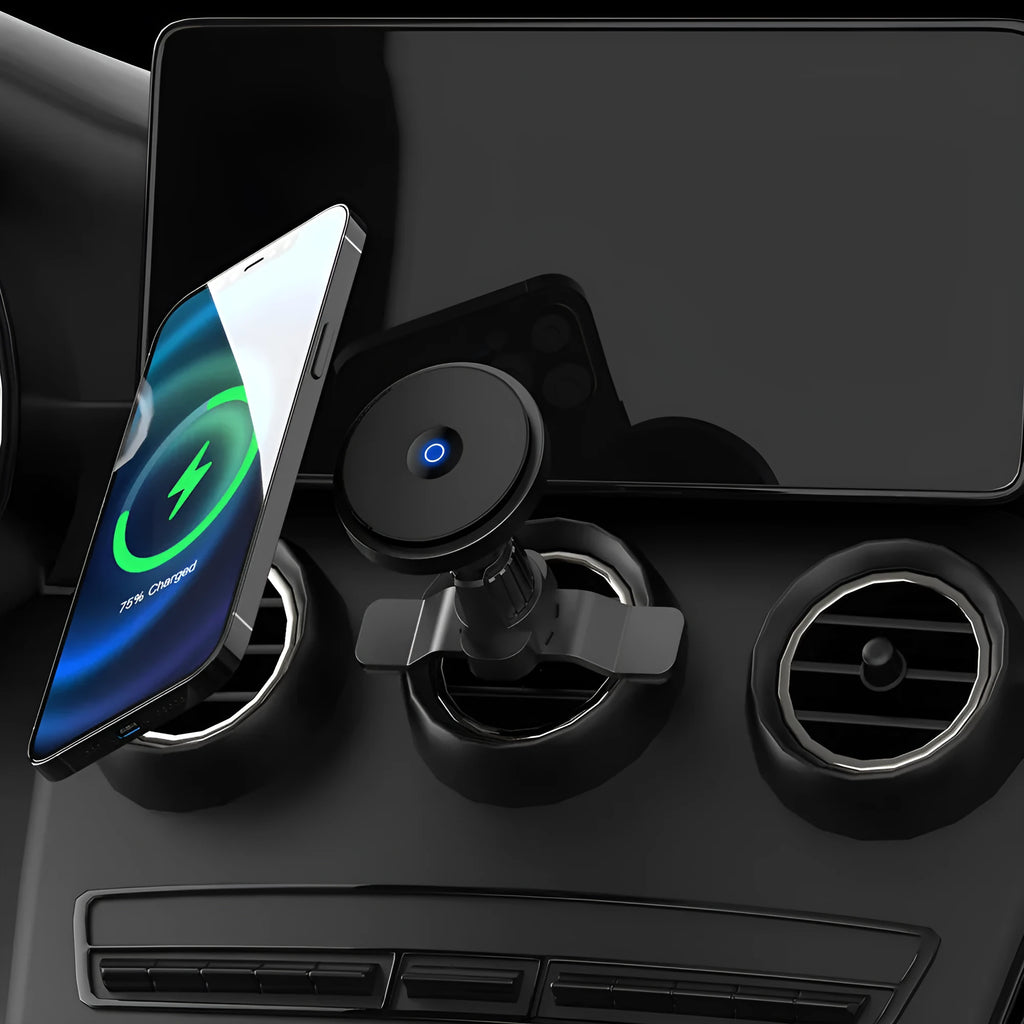 Circular metal 15W magnetic wireless car charger mounted on a car air vent, showing black, blue, and silver colour options.