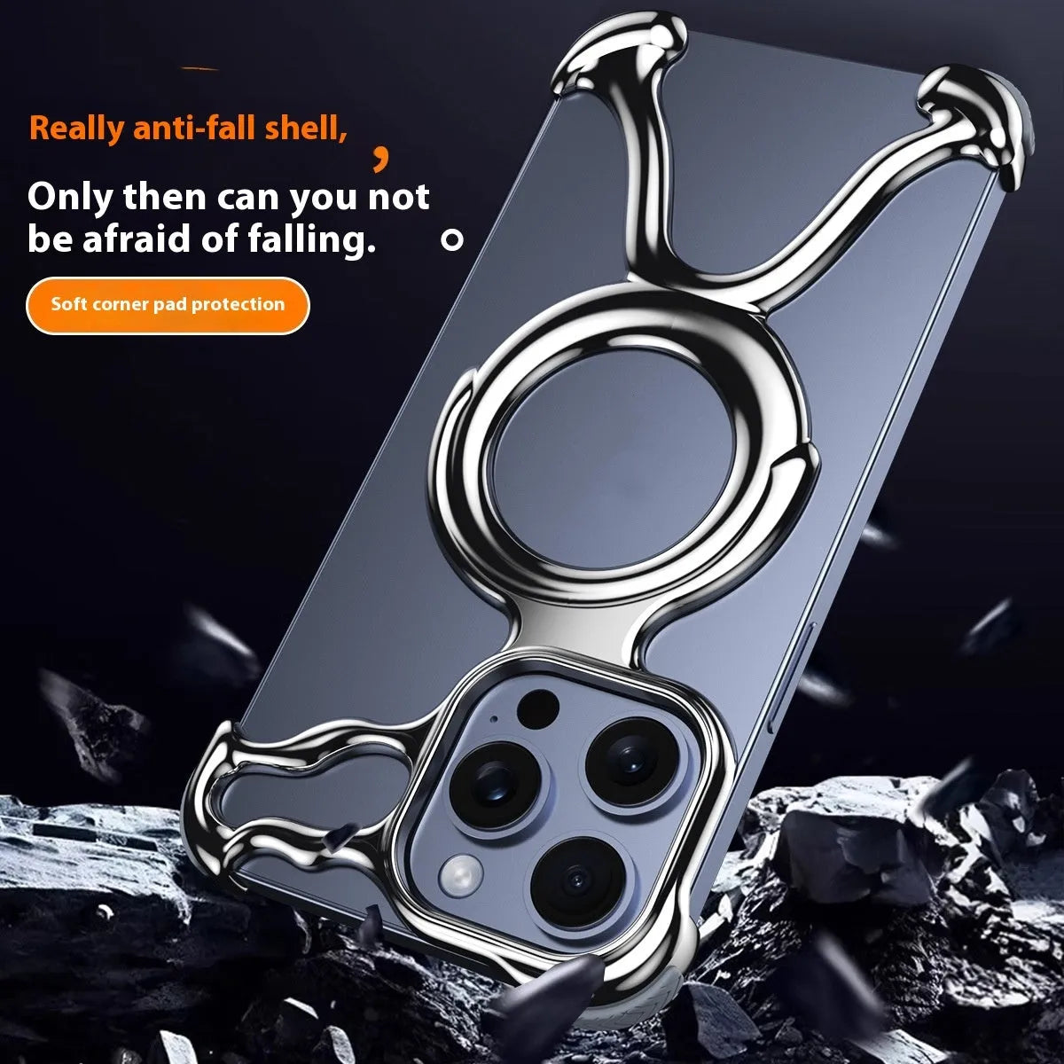Magnetic iPhone case in bright silver with hollow design for heat dissipation and drop resistance.