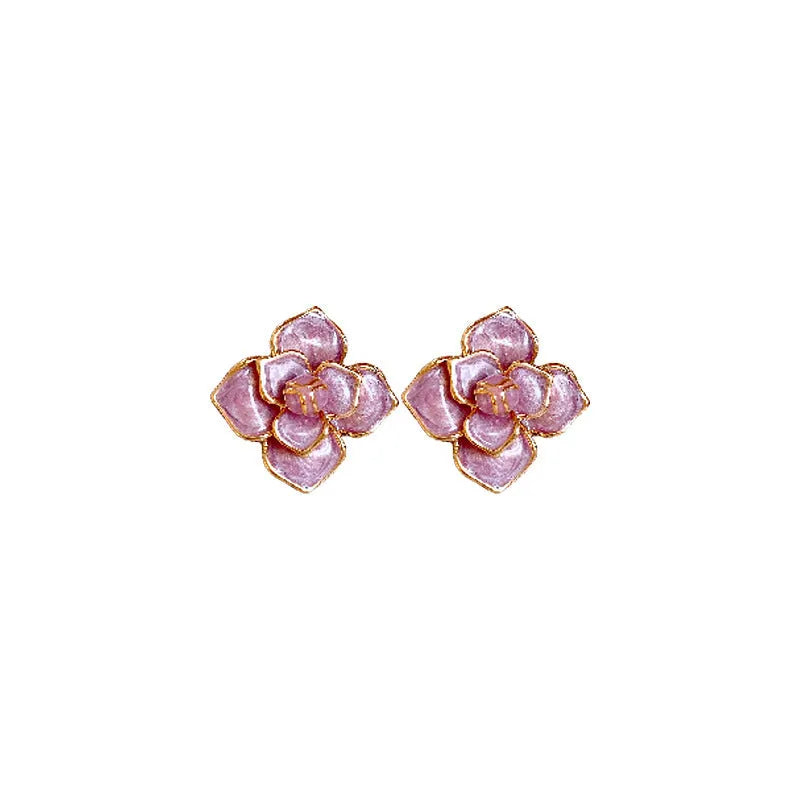Golden-purple oil-spot glaze flower stud earrings with gold-plated silver needle detail on copper.
