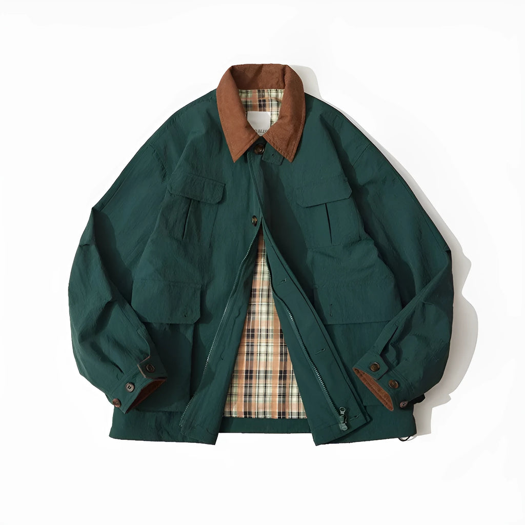 Green casual jacket with side seam pockets on a hanger, showing regular fit and long sleeves.