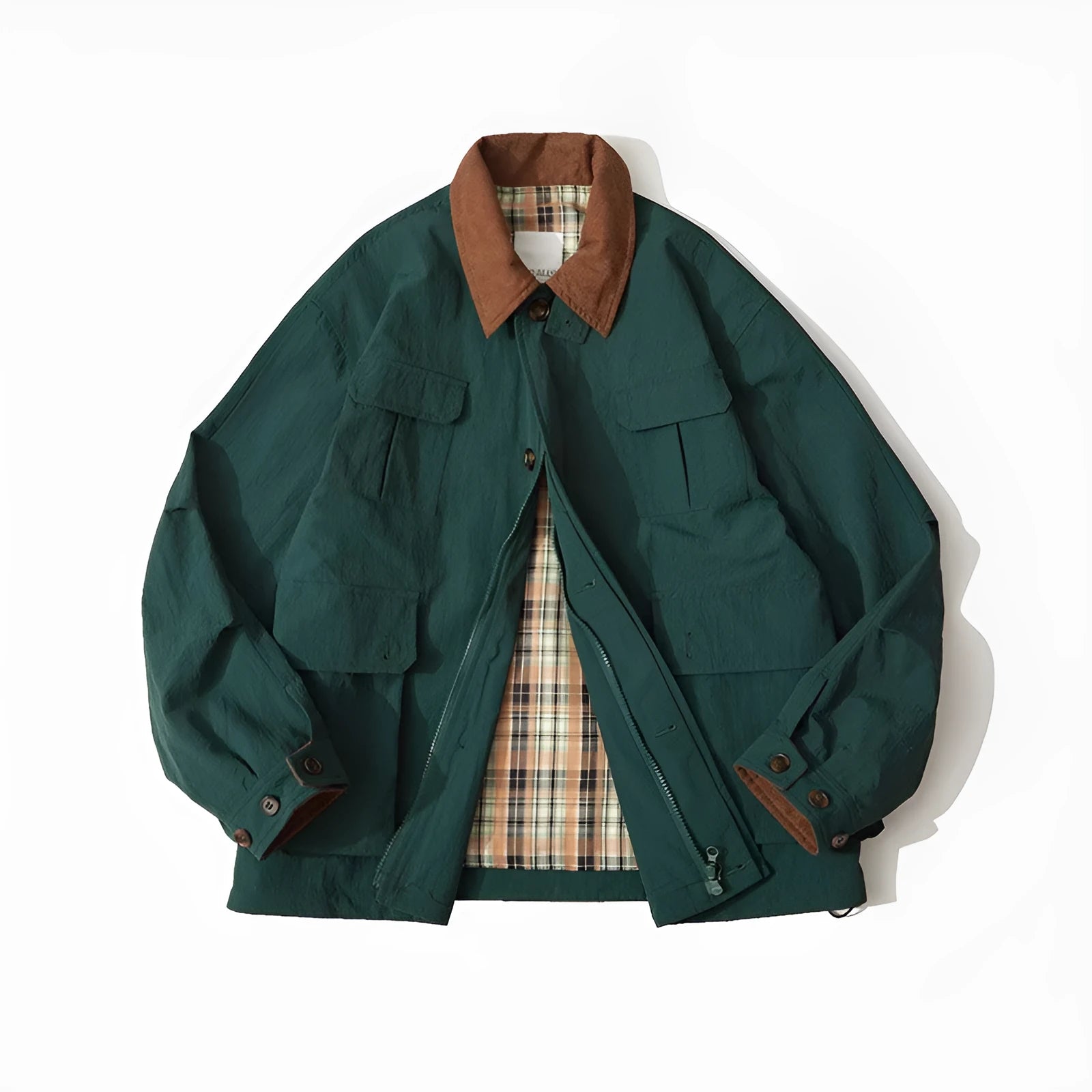 Green casual jacket with side seam pockets on a hanger, showing regular fit and long sleeves.