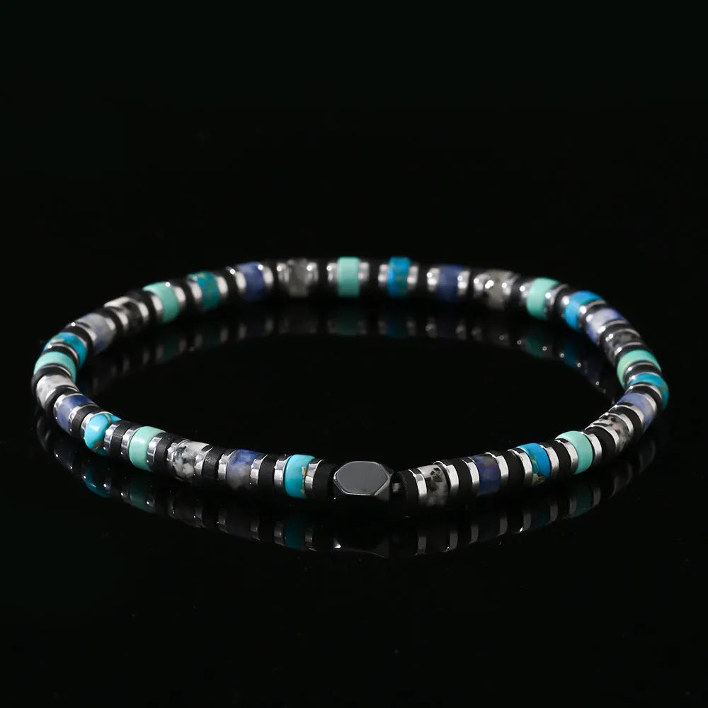Hand-woven cylindrical bracelet with geometric pattern of natural semi-precious stones.
