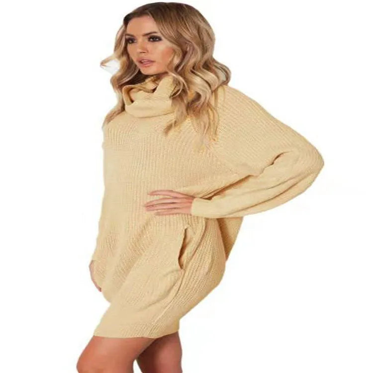 Acrylic imitation cashmere mid-length pullover sweater with a loose lapel and side pockets in apricot colour.
