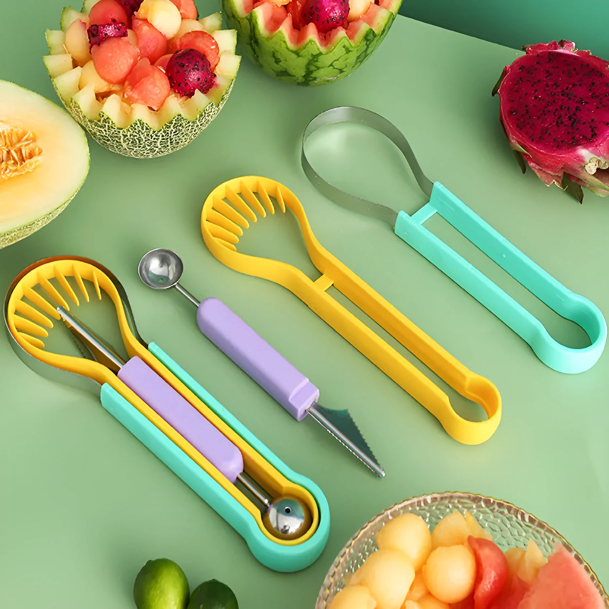 3-in-1 fruit carving knife set with melon baller, V-shaped carver, and scoop nested together on a kitchen counter