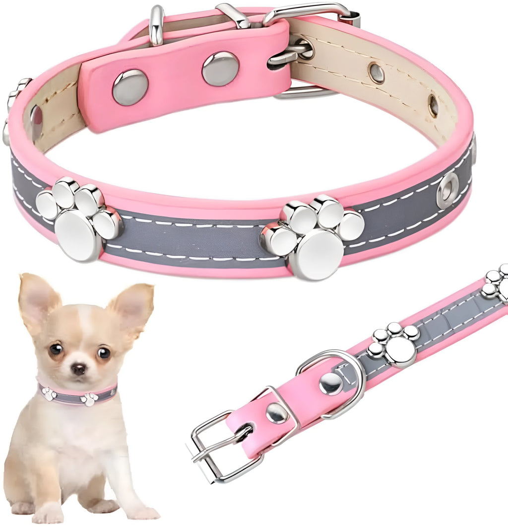 Reflective adjustable leather dog collar with paw rivet on a grey background.