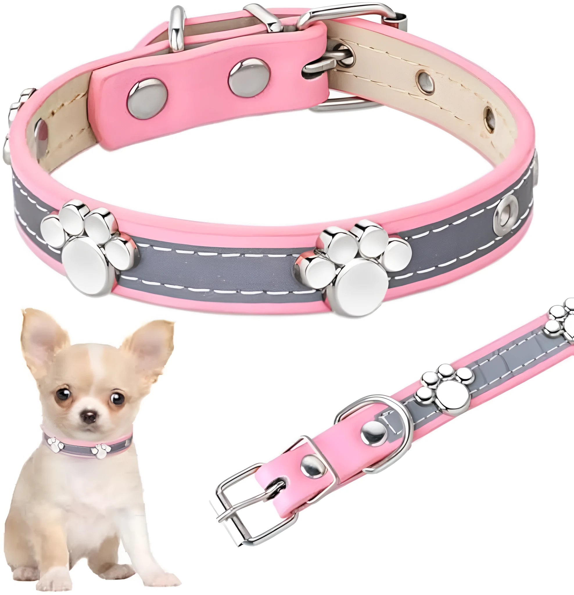 Reflective adjustable leather dog collar with paw rivet on a grey background.