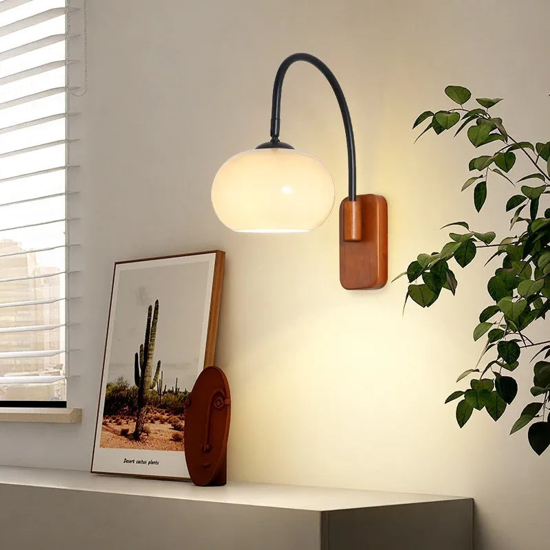 32cm milky white glass wall LED lamp with walnut or log colour iron body, 220V bedside wall light