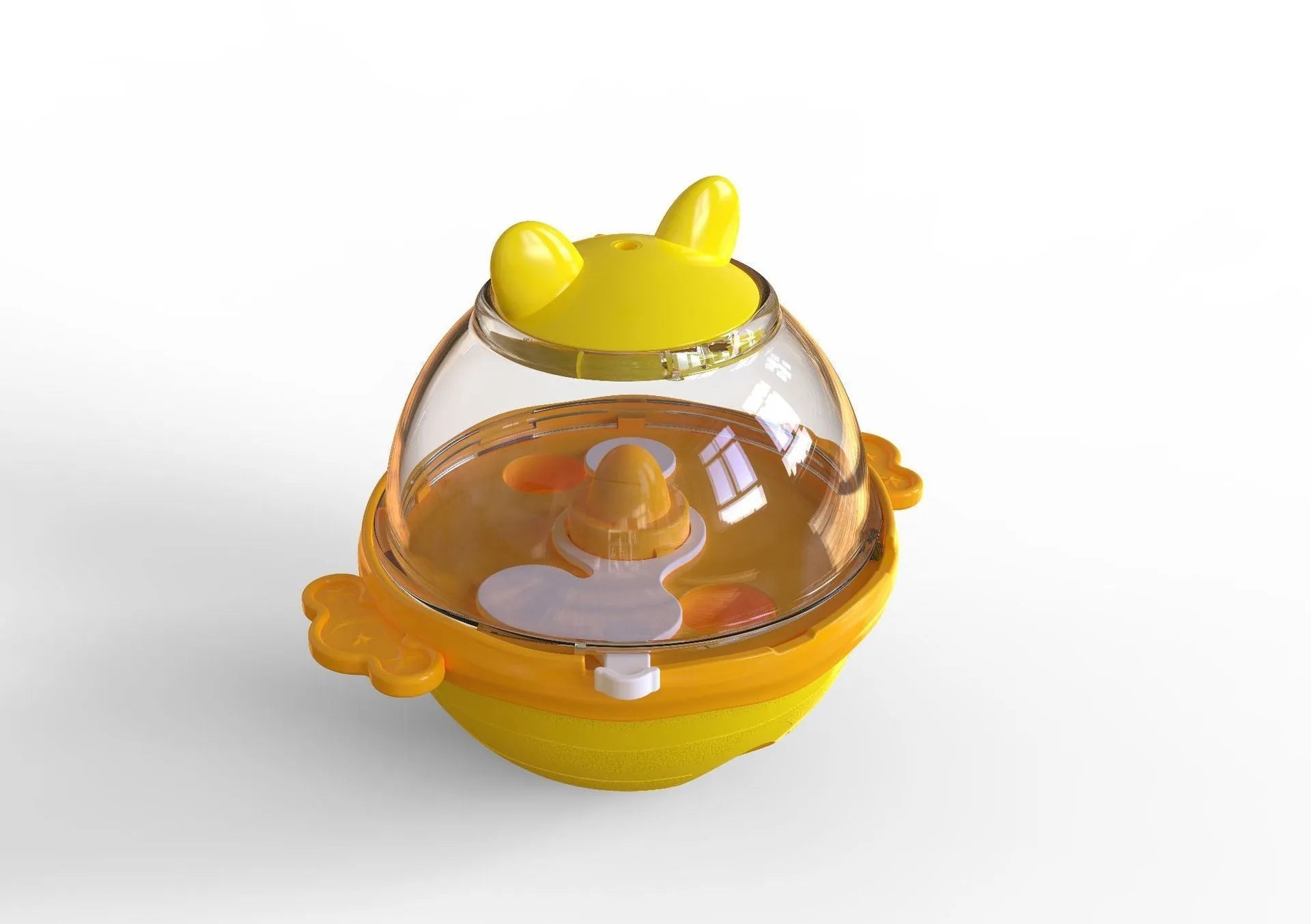 Lake blue TPR tumbler dog feeder toy with food dispenser opening, shown next to yellow version.