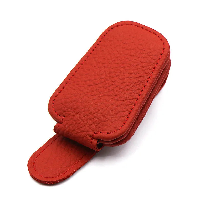 PU leather sunglasses clip holder attached to a car sun visor