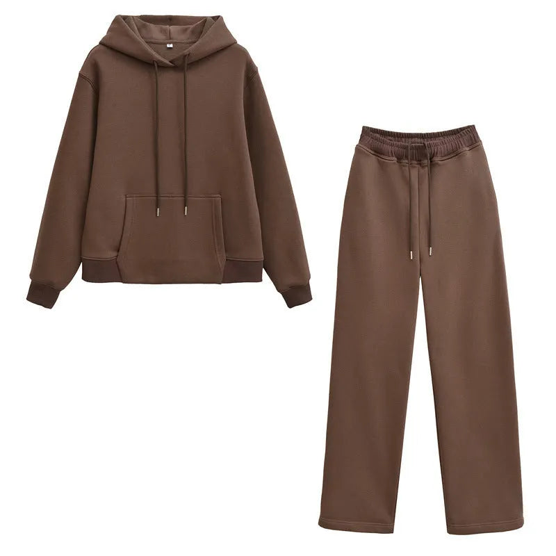 Women's hooded sweater and wide-leg pants set in solid colour beige, polyester blend, sizes S to XL