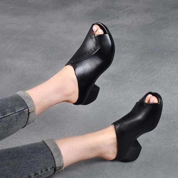 Women's black square heel peep-toe slippers with a fish mouth vamp design on a white background.