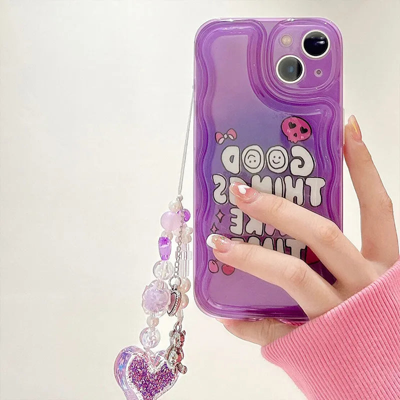 Purple mobile phone case with English graffiti text and love pendant design, featuring attached lanyard