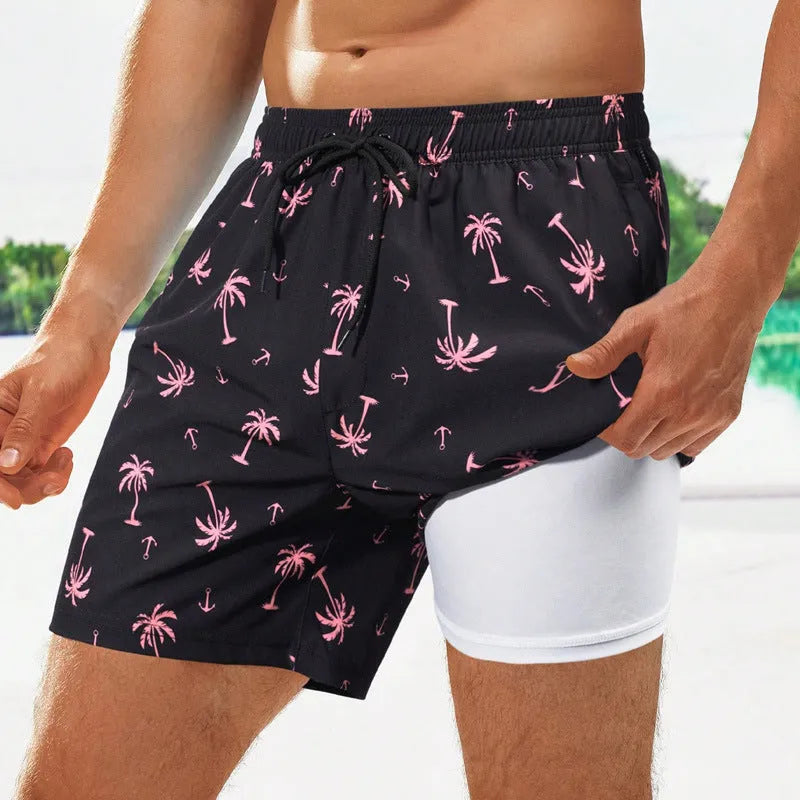 Men's loose fit swimming trunks in blue pinstripe pattern with boxer style cut and elastic waistband