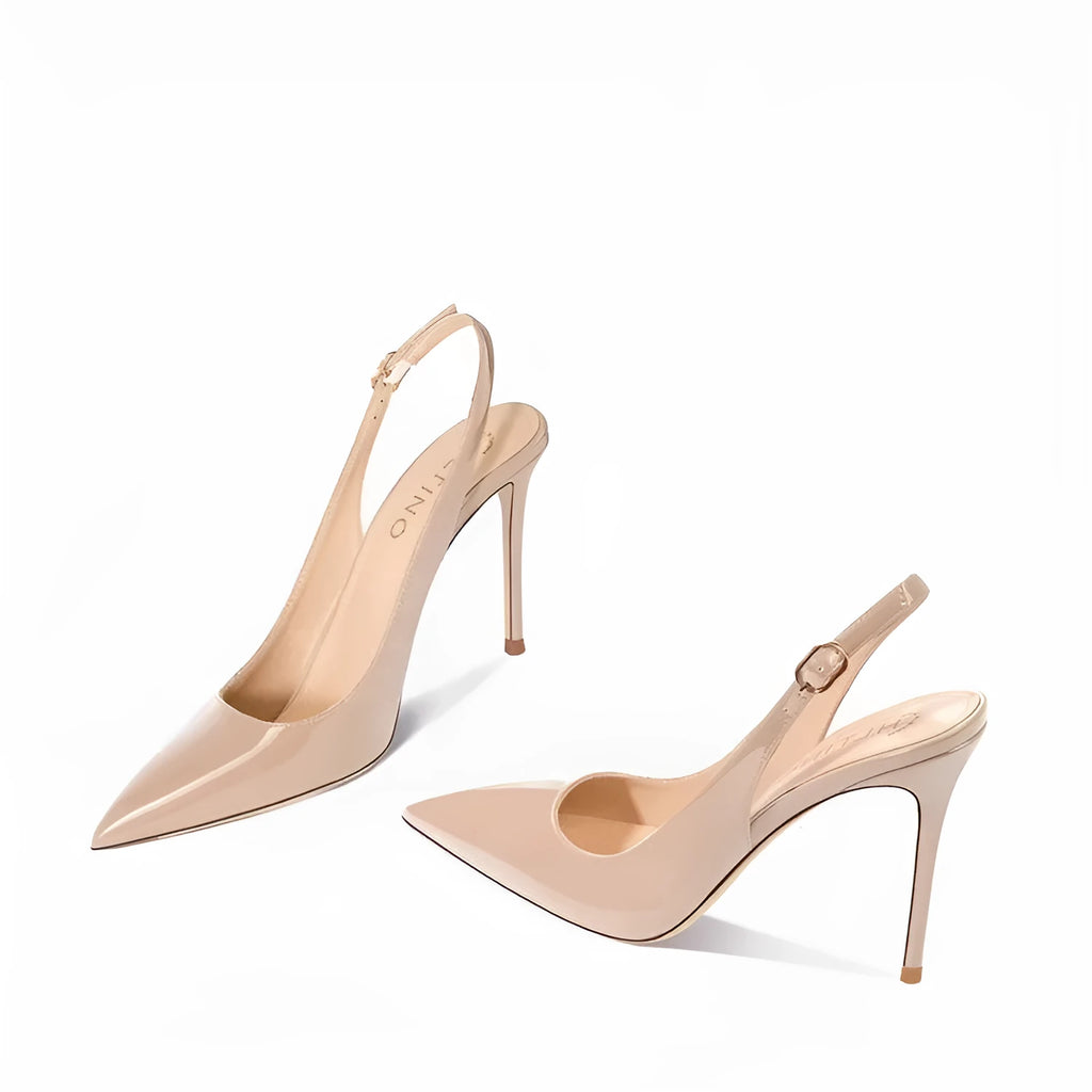 Nude soft leather women's ankle-strap high heel sandals with hollow design