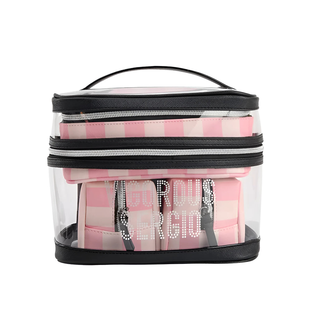 Pink bold stripes floral pattern buggy bag makeup kit with synthetic leather waterproof exterior
