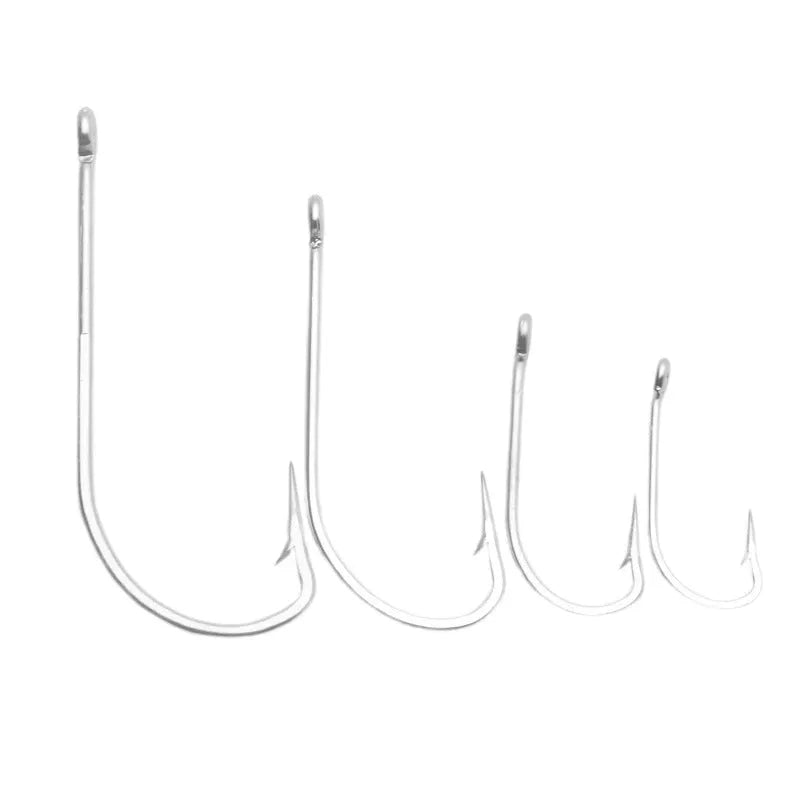 Pack of stainless steel sea fishing hooks for ocean boat fishing, showing various hook sizes.