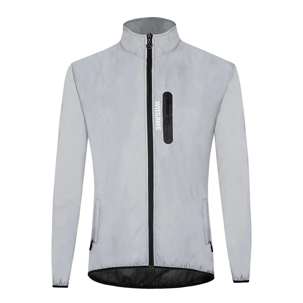 Silver men's waterproof polyester long-sleeved coat on a hanger.