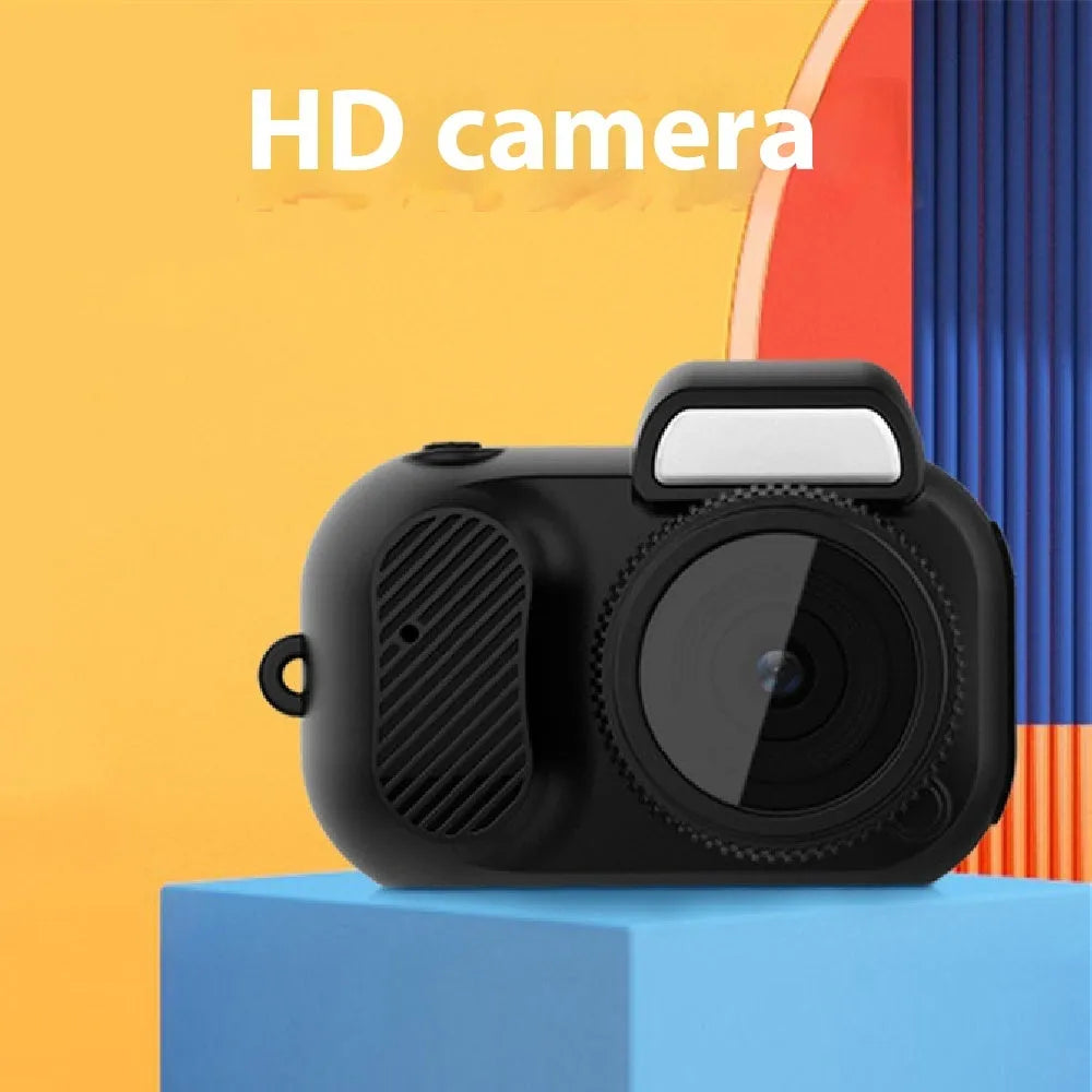 Black retro-style mini digital video camera with a built-in LCD screen on the back.