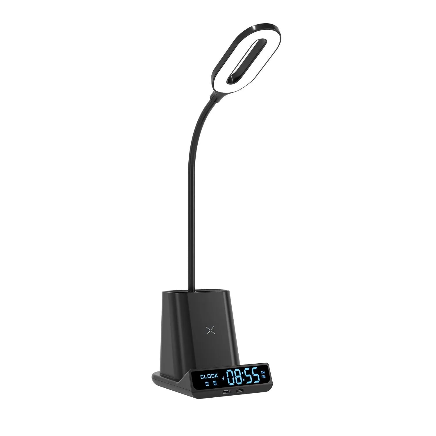 Modern desk lamp with wireless charging base and integrated pen holder storage compartment.