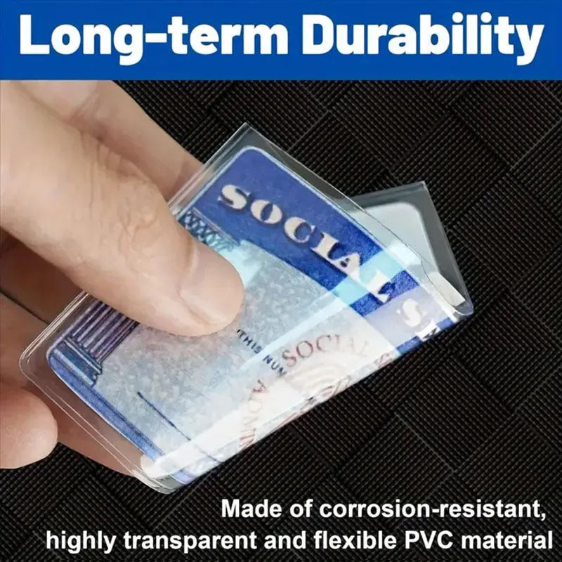 Transparent PVC social security card holder showing 9.7x5.9cm waterproof ID protector