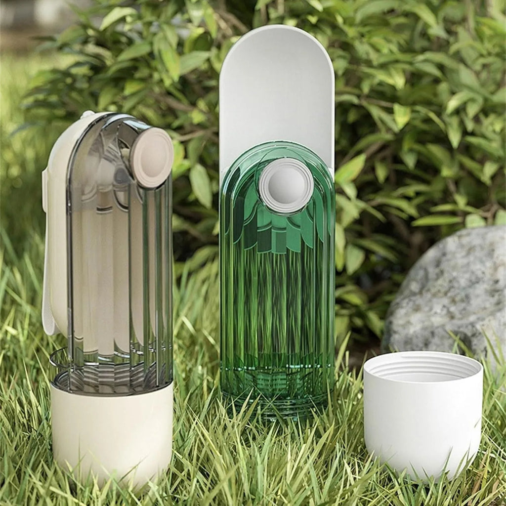 Beige foldable dog water bottle with food dispenser base for outdoor walking and travel