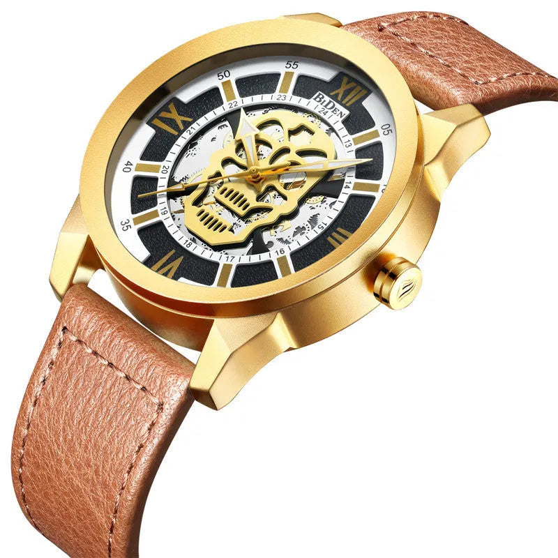 Biden men's hollow dial quartz watch with brown leather strap and date display