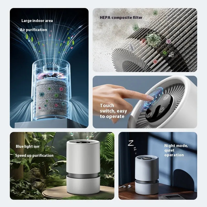 White desktop air purifier for small rooms with USB power connection