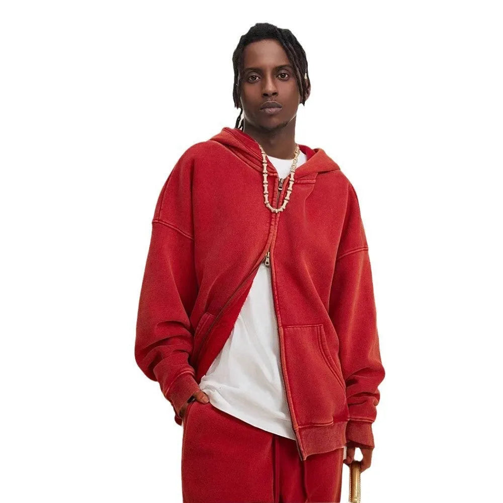 Men's vintage-style hooded cardigan sweater in cotton with a fleece lining and double zipper.