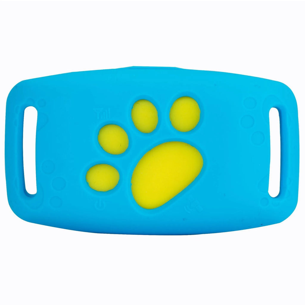 Waterproof GPS pet tracker in black, sky blue, pink, or green grass colours, showing compact 65.5mm size.