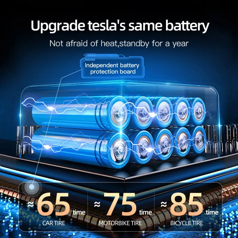 Black portable vehicle tyre inflator with ABS plastic housing, digital display, and multiple nozzle adapters on white background