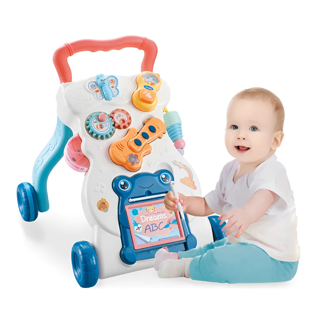 Children's educational multi-functional musical walker trolley with anti-rollover and adjustable speed, plastic build, weight increasing water tank