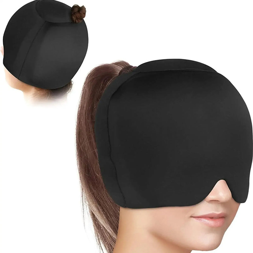 Simple solid colour fully enclosed cold compress cap for headache relief.