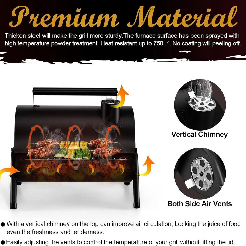 Small folding metal desktop barbecue smoking device with charcoal grill.