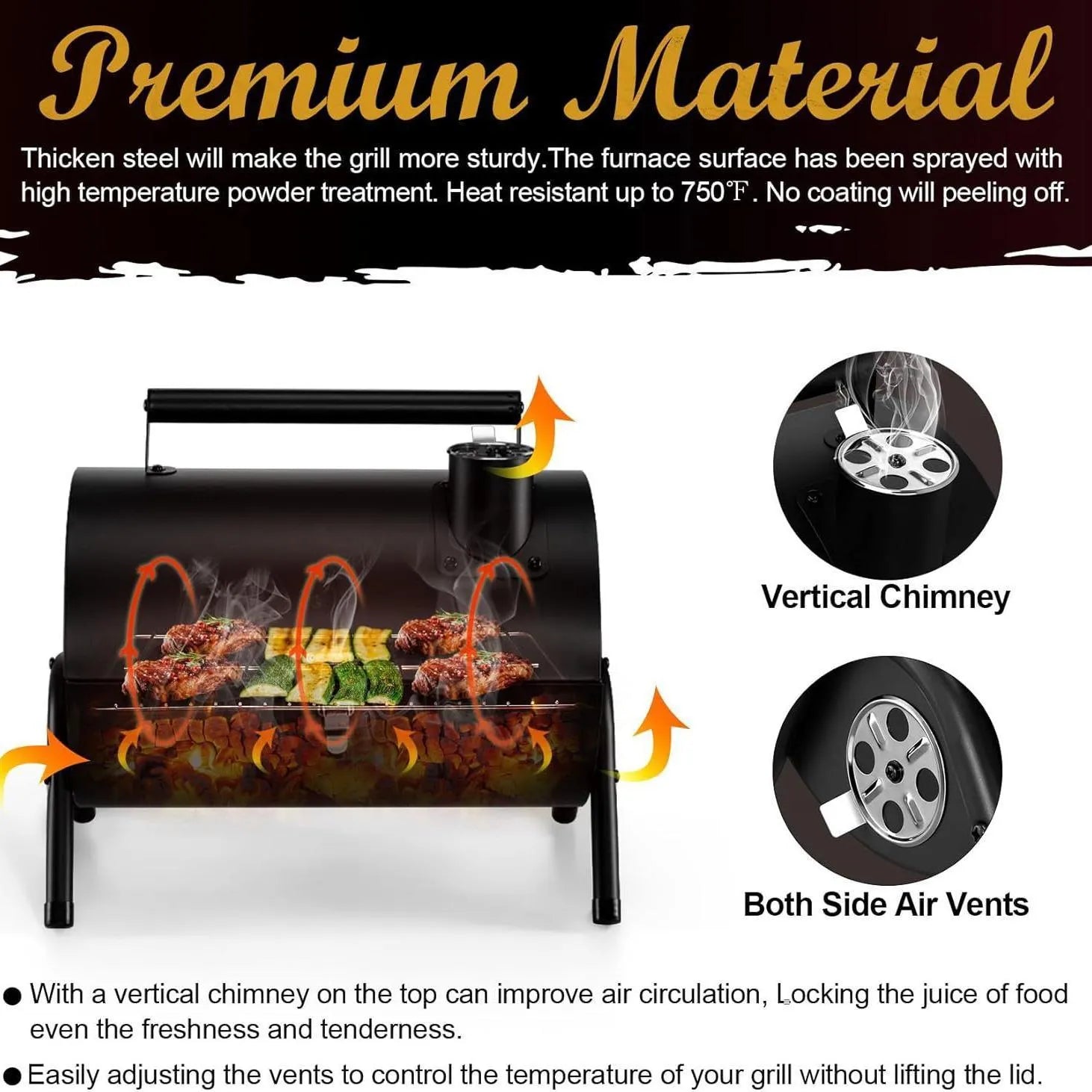 Small folding metal desktop barbecue smoking device with charcoal grill.