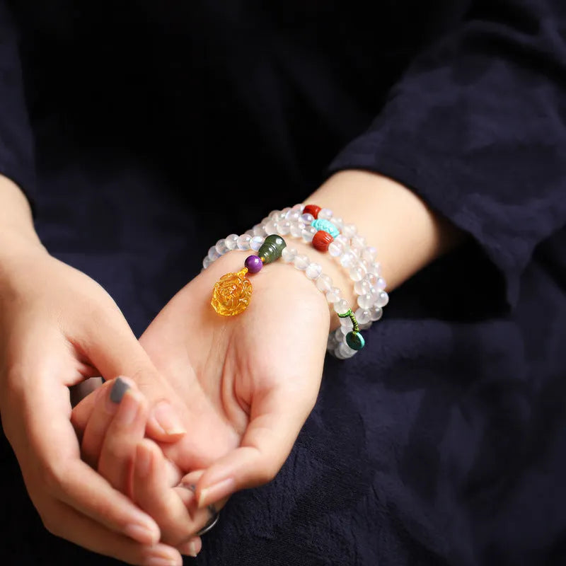 White moonstone crystal 108 prayer beads bracelet in ethnic style for women.
